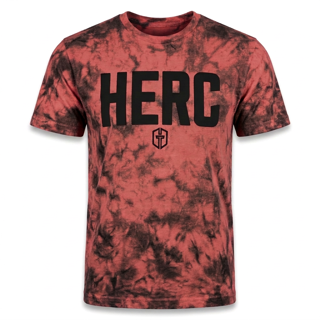 AI color preview of muted coral black-dyed Bold HERC tee with black lettering and shield