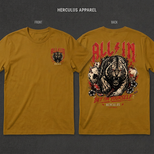 ALL IN muted gold shirt front and back mockup with small left-chest print