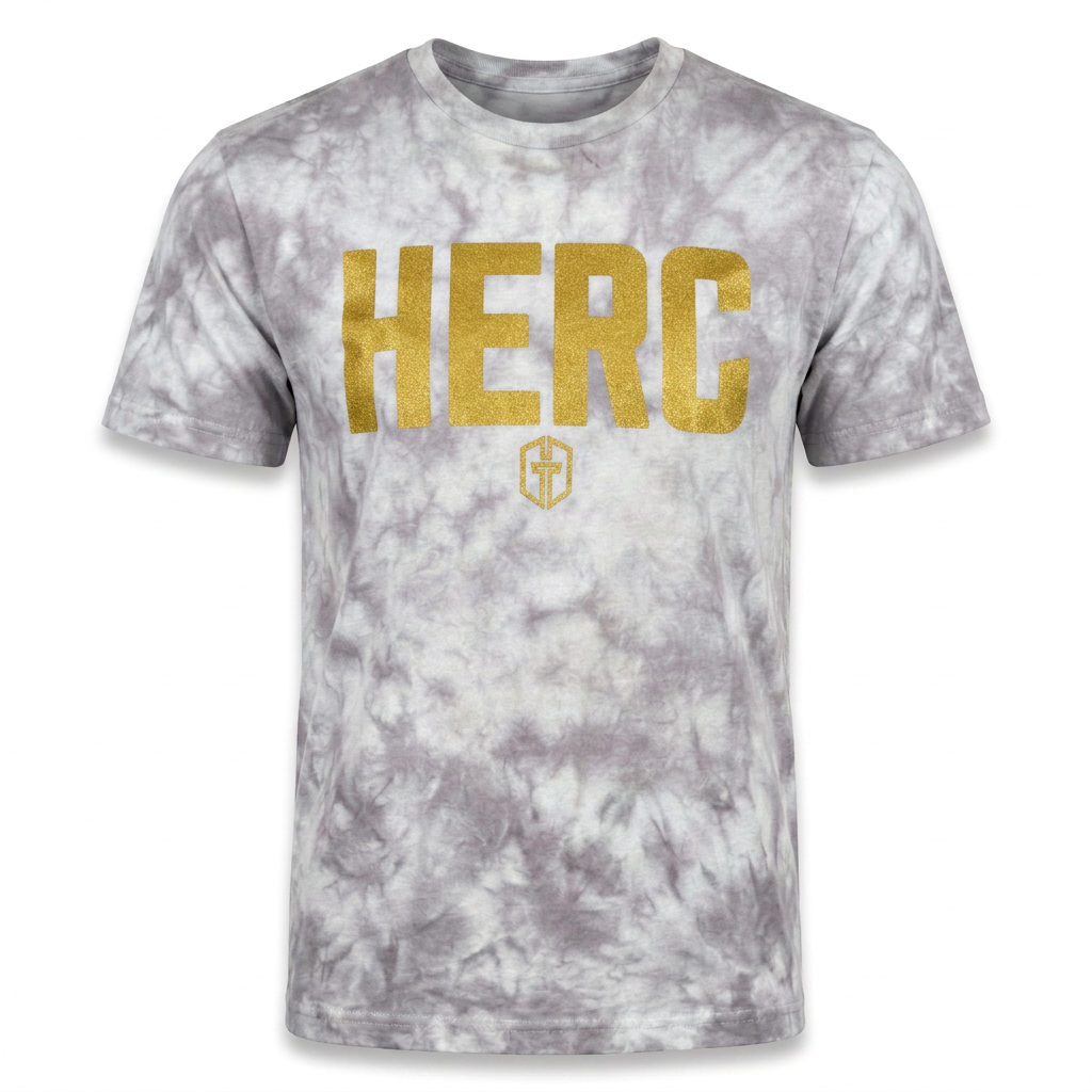 AI preview of gray-dyed Bold HERC tee with gold print