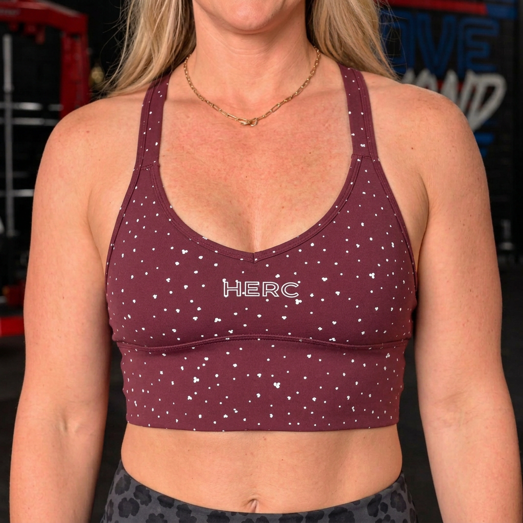 HERC EDGE wide-strap bra in Maroon Dot, AI-generated product preview