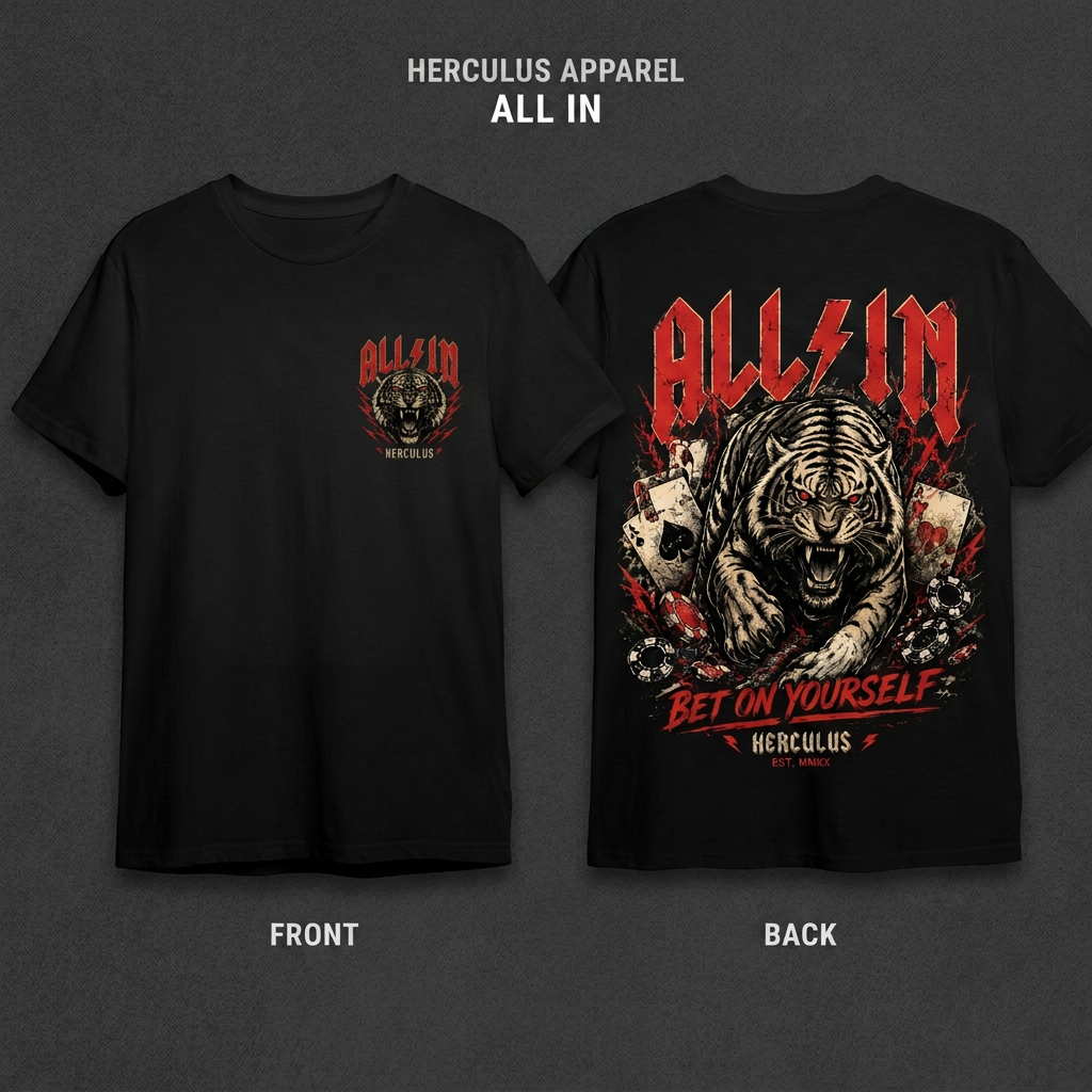 ALL IN black shirt front and back mockup with small left-chest print