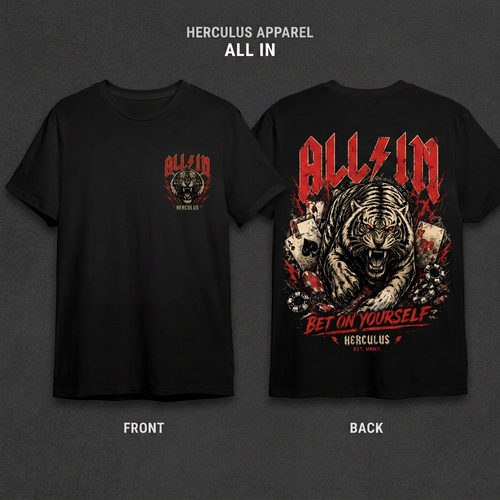 ALL IN black shirt front and back mockup with small left-chest print